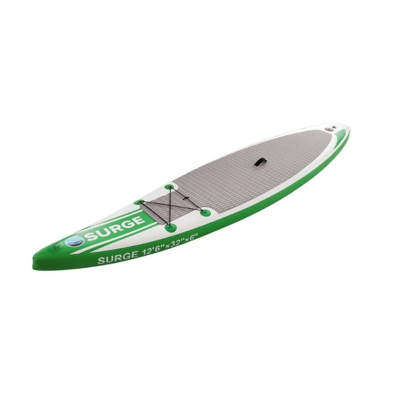 Angled view of Surge inflatable touring SUP 12'6" showing deck and design