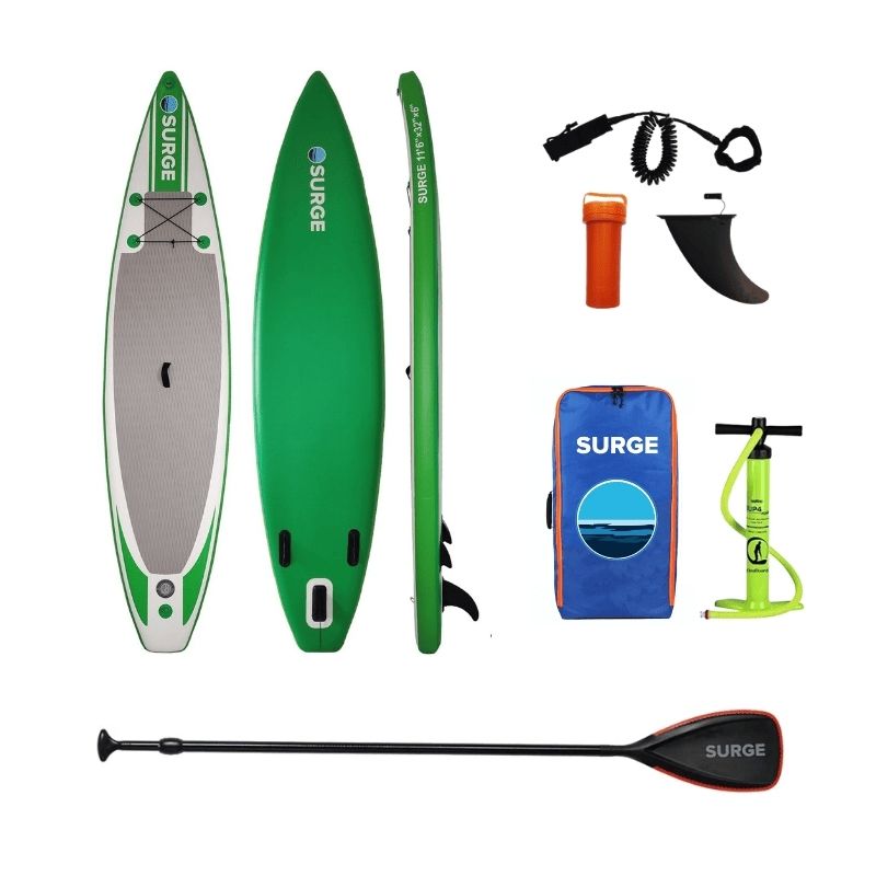 Surge inflatable touring SUP 12'6" with accessories including paddle, pump, and leash