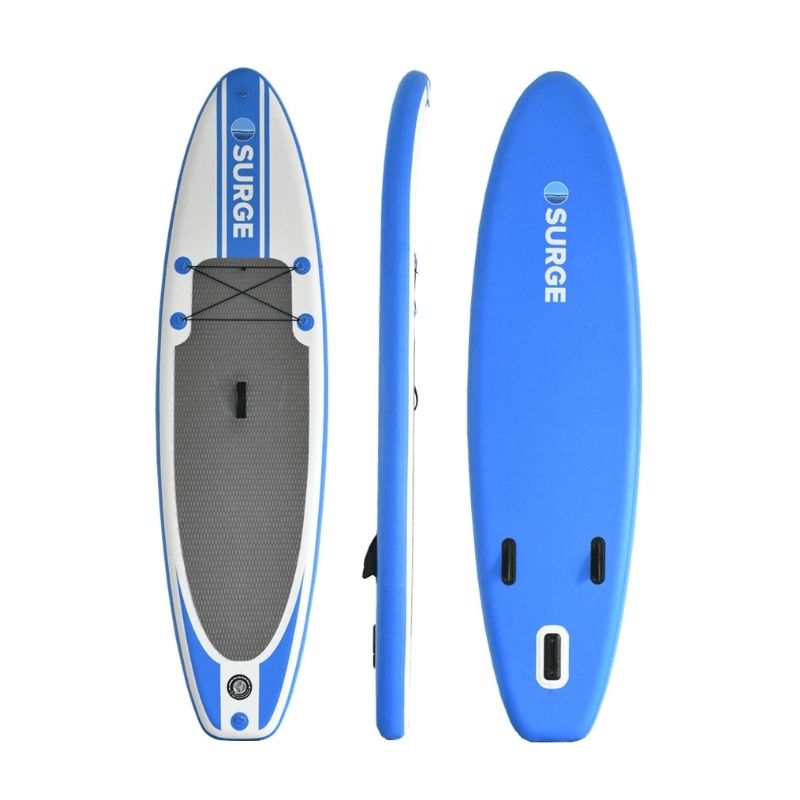 Surge iSUP 9'2" package showing front, side, and back views of the paddleboard