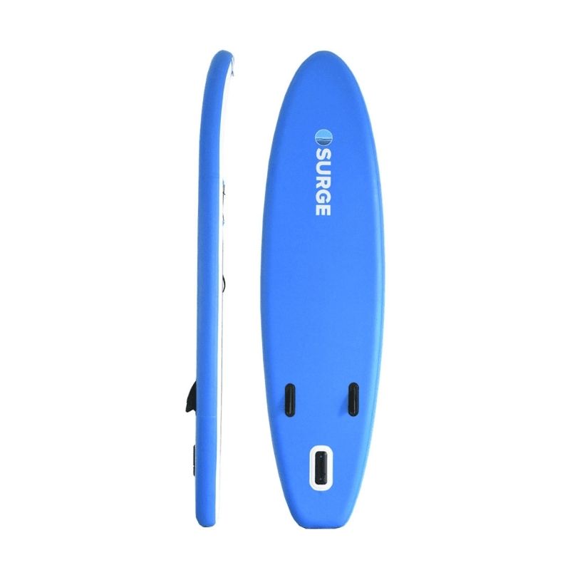 Surge iSUP 9'2" package showing side and back views with fins, handle, and leash attachment