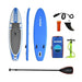 Surge iSUP package showing all inclusions including paddle, pump, leash, fin, and carry bag