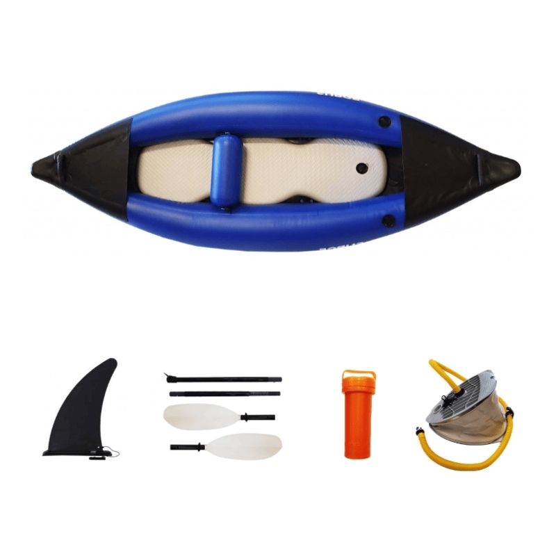 Surge Nile inflatable kayak drop stitch floor with inclusions like paddle, fin, and pump