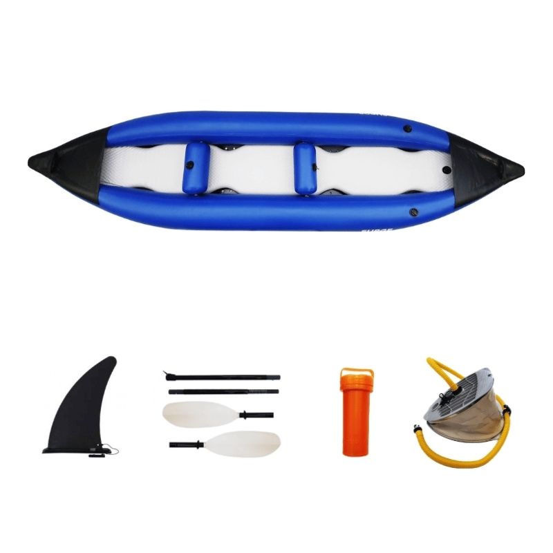 Surge Nile inflatable kayak drop stitch floor top view with double seats and accessories