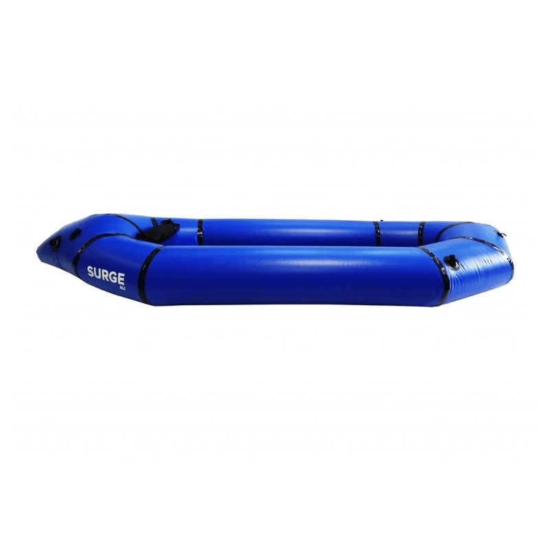 Surge packraft calm water side view inflatable blue raft