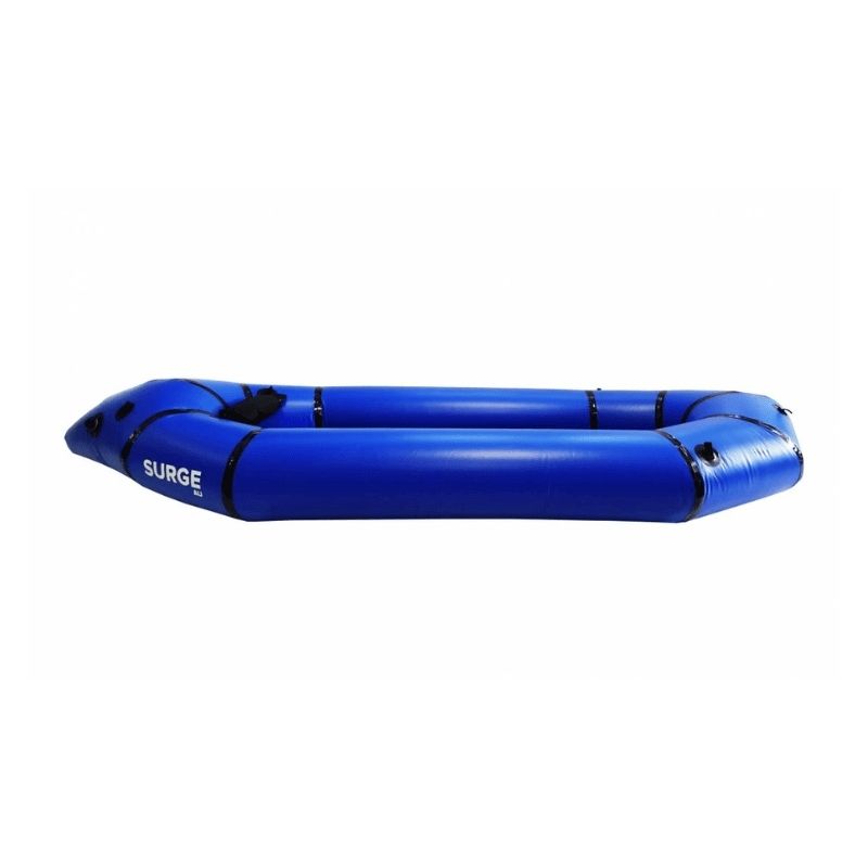 Surge packraft calm water side view inflatable raft with Surge branding