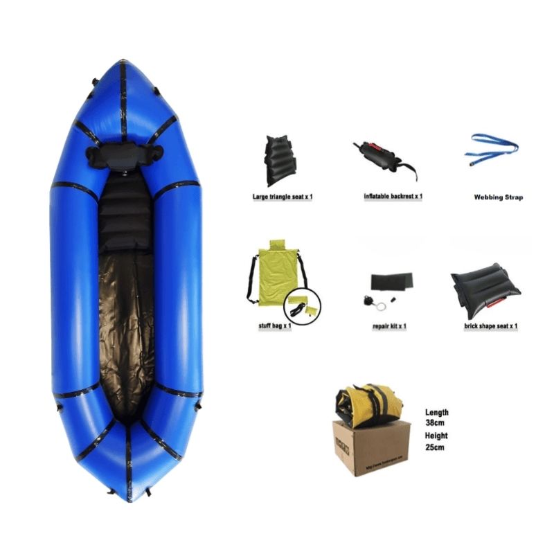 Surge packraft calm water top view with accessories and blue raft