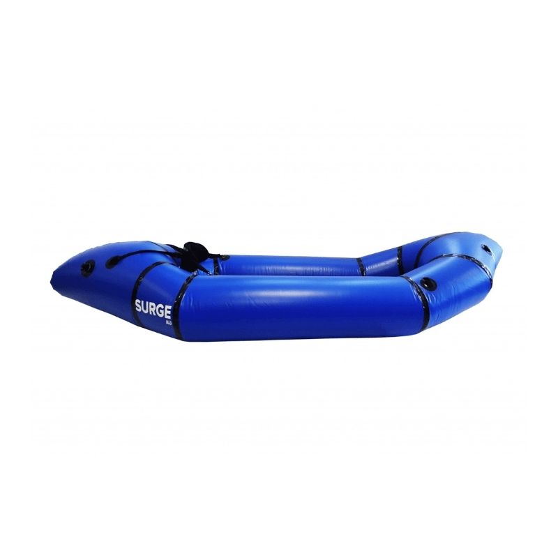 Surge packraft whitewater side view showing blue kayak design with sturdy construction