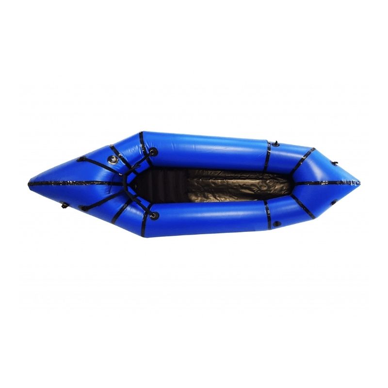 Surge packraft whitewater top view inflatable kayak in blue with drop stitch floor