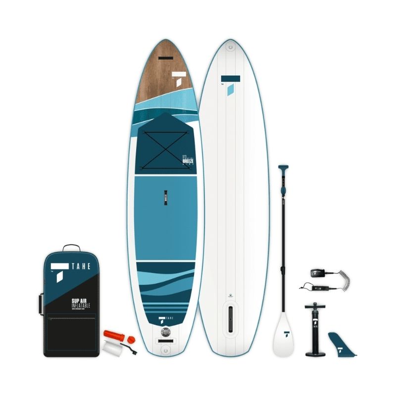 Front view of Tahe Breeze Wing 11'0 inflatable SUP package with paddle and accessories