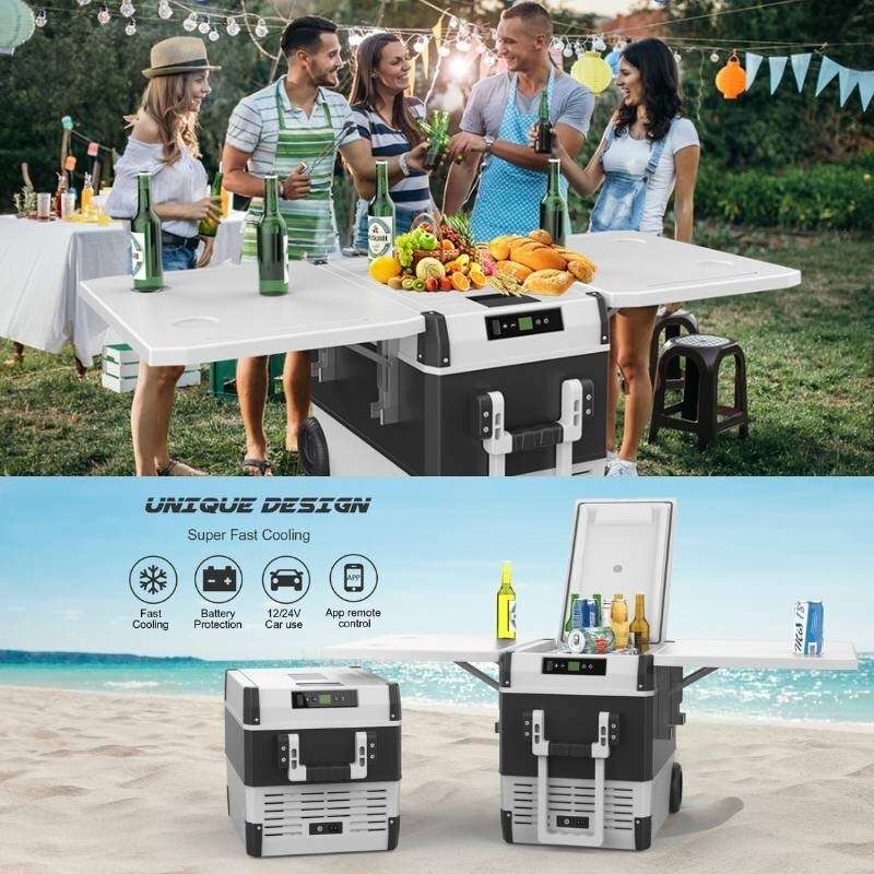 Group of friends partying outdoors and on the beach with Urecau Outdoors FCRS45 45L Portable Fridge-Freezer with Table