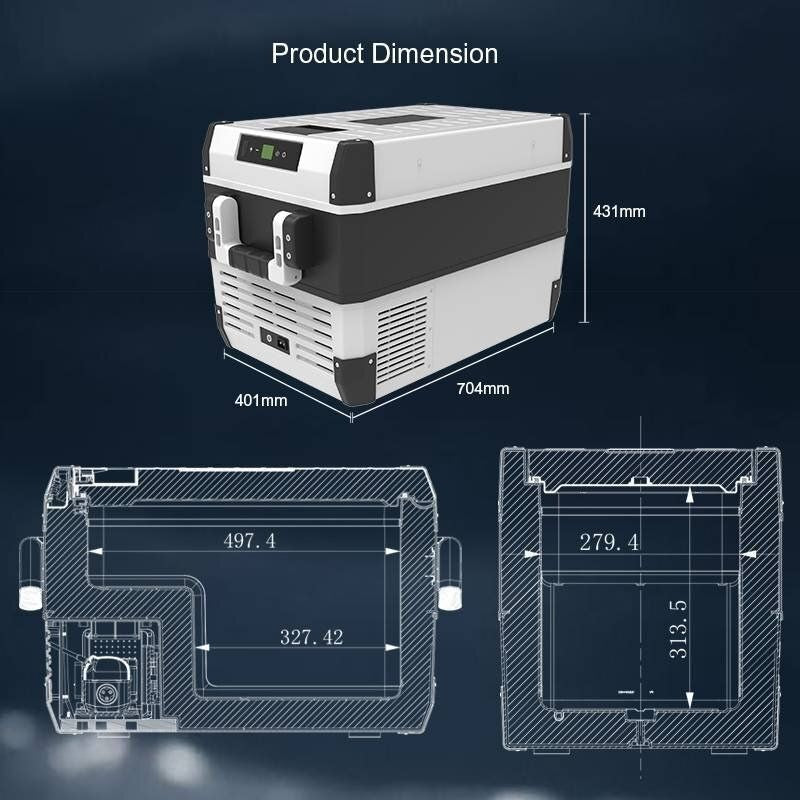 Urecau Outdoors portable FCR series fridge freezer product dimensions and technical diagram